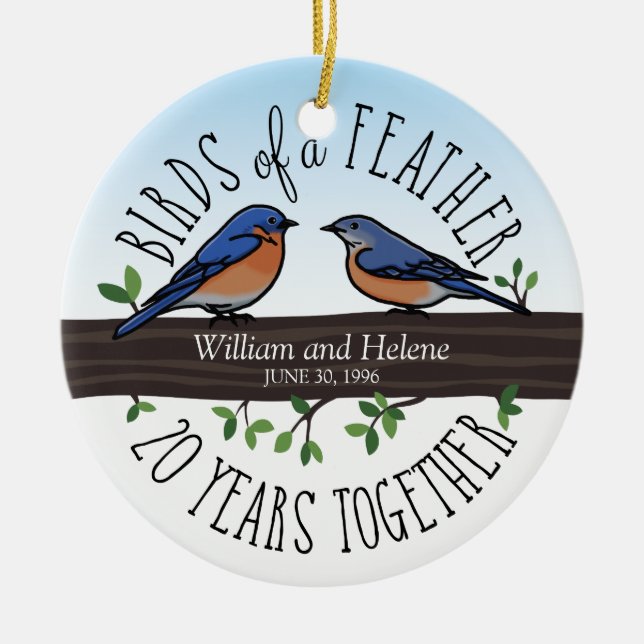 Ornamento De Cerâmica 20o Aniversário de casamento, Bluebirds de uma (Frente)