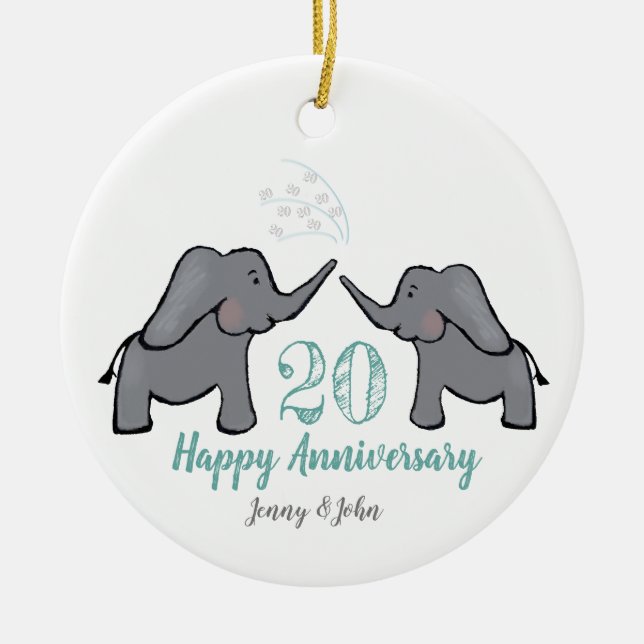 Ornamento De Cerâmica 20th green & white elephant wedding anniversary (Frente)