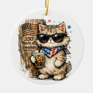 Ornamento De Cerâmica 250º Aniversário EUA Café Gelado de Gato Patriótic