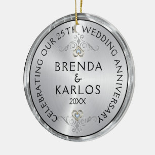 Ornamento De Cerâmica 25 aniversário de casamento prata e diamantes bra