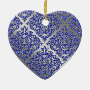 Ornamento De Cerâmica 25 Aniversário Xmas Blue Sparkle Silver Damask