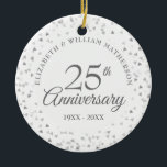 Ornamento De Cerâmica 25 Anniversário do Silver Hearts<br><div class="desc">Projetado para coordenar com a nossa coleção de 25 do Anniversário do Silver Hearts. Com delicados corações prateados. Personalize com sua informação especial de vinte e cinco anos de aniversário de prata em letra chic prata. Projetado por Thisnotme©</div>