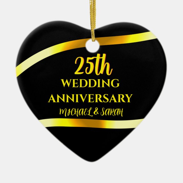Ornamento De Cerâmica 25 Black Dourado Casamento Aniversário Presente (Frente)