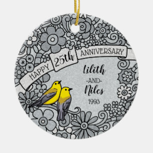Ornamento De Cerâmica 25o aniversário personalizado, pássaros florais 