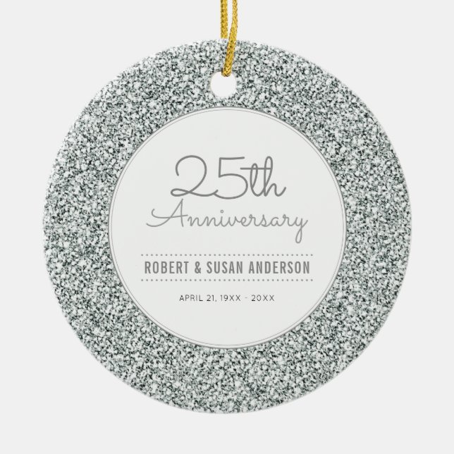 Ornamento De Cerâmica 25th Anniversary Keepsake Faux Silver Glitter (Frente)