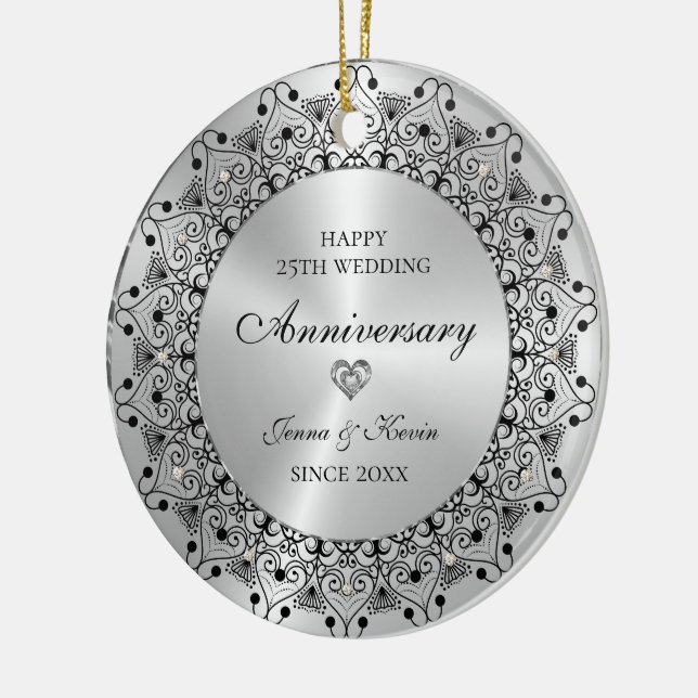 Ornamento De Cerâmica 25th Wedding Anniversary Black Mandala On Gold (Esquerda)