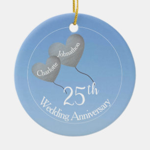 Ornamento De Cerâmica 25th Wedding Anniversary silver heart balloon