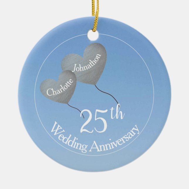 Ornamento De Cerâmica 25th Wedding Anniversary silver heart balloon (Frente)