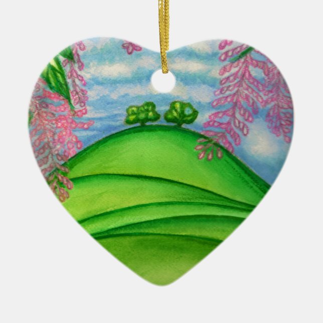 Ornamento De Cerâmica 2 árvores & a pintura das flores da macadâmia (Frente)