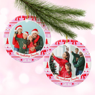 Ornamento De Cerâmica 2 Famílias Foto Natal Suéter Rosa e Vermelho