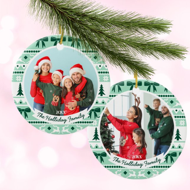 Ornamento De Cerâmica 2 Famílias Foto Natal Sweater Mint Green (2 Family Photo Christmas Sweater Mint Green Ceramic Ornament)