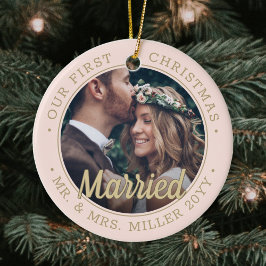 Ornamento De Cerâmica 2 Foto Newlyweds 1rua Xmas Casado com Blush Cor-de