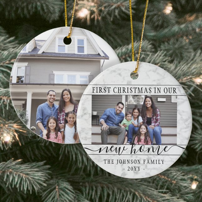 Ornamento De Cerâmica 2 Foto Nova Casa Primeiro Xmas Faux Marble Round (Criador carregado)