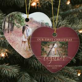 Ornamento De Cerâmica 2 Foto Primeiro Natal Junto Vermelho e Dourado Cor