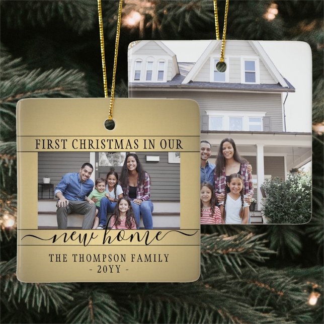 Ornamento De Cerâmica 2 Fotografias Nova Casa Primeiro Natal Faux Dourad (Criador carregado)