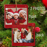 Ornamento De Cerâmica 2 fotos da família simples Natal mínimo divertido<br><div class="desc">Simples tipografia minimalista Fotos personalizadas do Feliz Natal,  nome da família e ornamento de árvores vermelhas do ano.</div>
