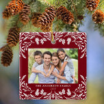 Ornamento De Cerâmica 2 Fotos Família Winter Greenery Red Natal<br><div class="desc">Este Enfeites de natal vermelho escuro mostra uma elegante ilustração verde branca de inverno que enquadra a foto horizontal. O design oferece espaço para duas fotos,  uma na frente e outra atrás. Personalize este adorável ornamento de manutenção com seu nome de família e o ano.</div>