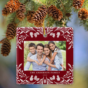 Ornamento De Cerâmica 2 Fotos Família Winter Greenery Red Natal