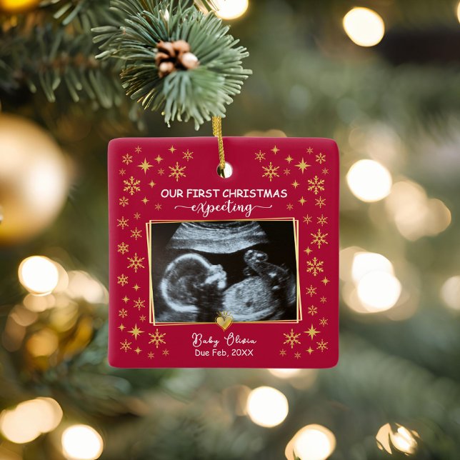 Ornamento De Cerâmica 2 fotos Ultrasom 1rua Xmas Esperando pelo Keepape (2 photo ultrasound 1st christmas expecting keepsake ornament)