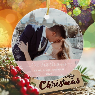 Ornamento De Cerâmica 2 Fotos (Vert+H) 1rua Natal Sr Sra. Snowflakes