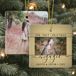 Ornamento De Cerâmica 2 Noivado Fotográfico Primeiro Natal Faux Dourado