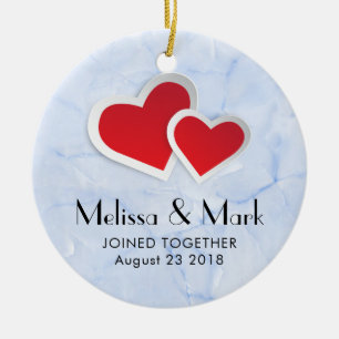 Ornamento De Cerâmica 2 Papel Vermelho Corações sobre Casamento Azul-M