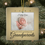 Ornamento De Cerâmica 2 Photo 1st Christmas Grandparents Faux Gold<br><div class="desc">Celebrate the precious gift of your newest family member with a stylish 2 photo "Our First Christmas as Grandparents" square ceramic ornament. Gender neutral design is suitable for a new baby boy or girl grandchild. All text and pictures on this template are simple to personalize. (IMAGE PLACEMENT TIP: An easy...</div>