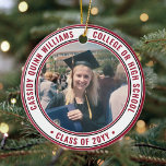 Ornamento De Cerâmica 2 Photo Graduation Elegant Modern Red Black White<br><div class="desc">Commemorate the graduate's achievement with an elegant red, black and white custom two photo round graduation Christmas ornament. Pictures and all text are simple to customize and can be different on front and back. (IMAGE & TEXT DESIGN TIPS: 1) To adjust position of wording, add spaces at beginning or end....</div>