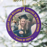 Ornamento De Cerâmica 2 Photo Graduation Elegant Purple Gold Yellow<br><div class="desc">Commemorate the graduate's achievement with an elegant purple and gold yellow custom two photo round graduation Christmas ornament. Pictures and all text are simple to customize and can be different on front and back.(IMAGE & TEXT DESIGN TIPS: 1) To adjust position of wording, add spaces at beginning or end. 2)...</div>