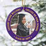 Ornamento De Cerâmica 2 Photo Graduation Elegant Purple Gold Yellow<br><div class="desc">Commemorate the graduate's achievement with an elegant purple and gold yellow custom two photo round graduation Christmas ornament. Pictures and all text are simple to customize and can be different on front and back.(IMAGE & TEXT DESIGN TIPS: 1) To adjust position of wording, add spaces at beginning or end. 2)...</div>