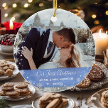 Ornamento De Cerâmica 2 Photos (Vert H) 1st Christmas Mr Mrs Snowflakes<br><div class="desc">NB: Please choose a vertical photo for the front and a horizontal one for the back! Elegant, chic "Our First Christmas" married as Mr. and Mrs. [Name] personalized photo Christmas ornament for newlyweds, with cursive typography / hand lettering, and a frame of white and silver snowflakes and little stars. Make...</div>