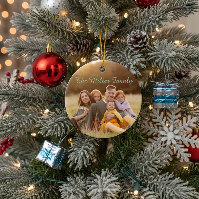 Ornamento De Cerâmica 2-Sided  Elegant Script Overlay Double Photo  (Criador carregado)