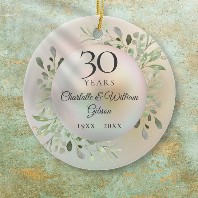 Ornamento De Cerâmica 30 Casamento Aniversário Aquarela (30th Wedding Anniversary Watercolor Greenery Pearl Ceramic Ornament)