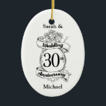 Ornamento De Cerâmica 30 - Rosa Romântico de Flores de Aniversário<br><div class="desc">Um design de flores românticas,  pretas e brancas para um aniversário de casamento de 30.</div>