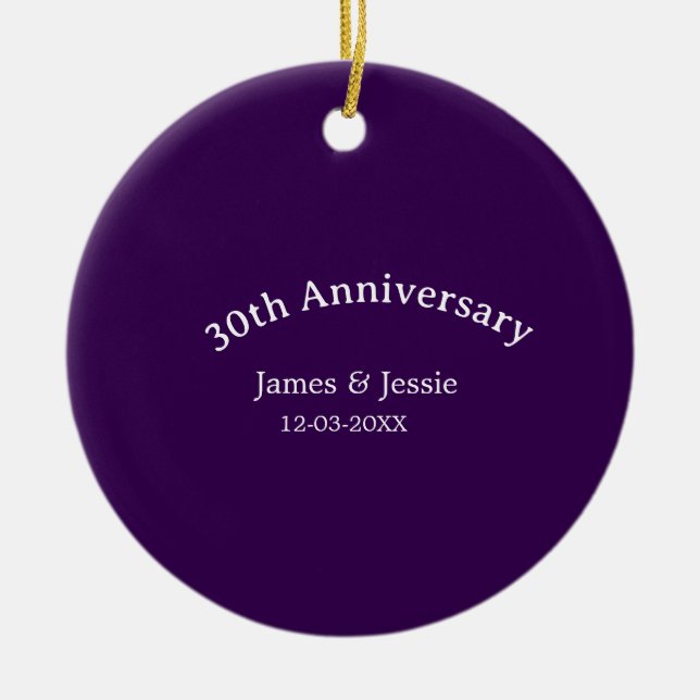 Ornamento De Cerâmica 30th wedding anniversary name date purple simple  (Frente)