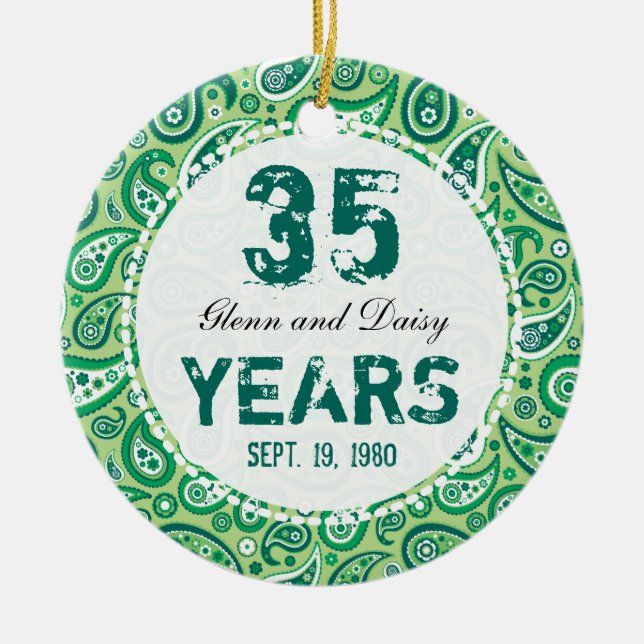 Ornamento De Cerâmica 35o Monograma de Paisley do aniversário de (Frente)