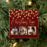 Ornamento De Cerâmica 3 Fotografias Collage Rustic String Lights<br><div class="desc">"Hora de Natal" num belo guião falho de ouro num fundo vermelho. Substitua fotos por 3 de suas fotos favoritas.  Douradas luzes/lanternas de cordas faltas penduradas.  Mude o ano e que adorno bonito. Elegante.  Tão simples,  mas chique.</div>