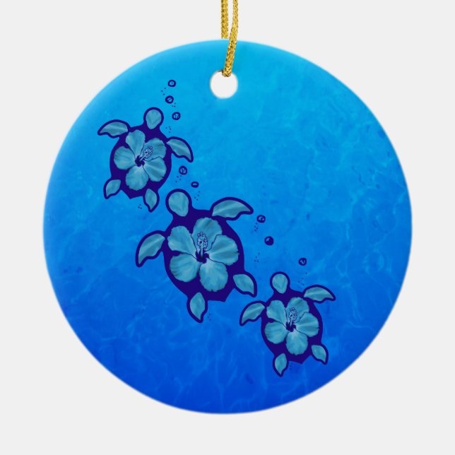 Ornamento De Cerâmica 3 tartarugas azuis de Honu (Frente)