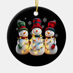 Ornamento De Cerâmica 3 Três Bonecos de Neve Família Natal Com Luzes de