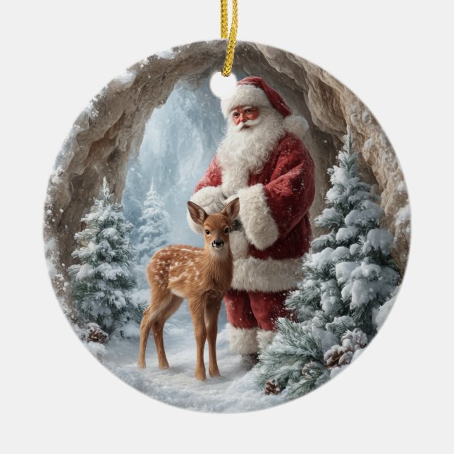 Ornamento De Cerâmica 3D Santa and Deer Ceramic Christmas Ornament (Frente)
