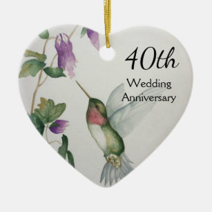 Ornamento De Cerâmica 40º Aniversário Bonito Flores de Aves Coração