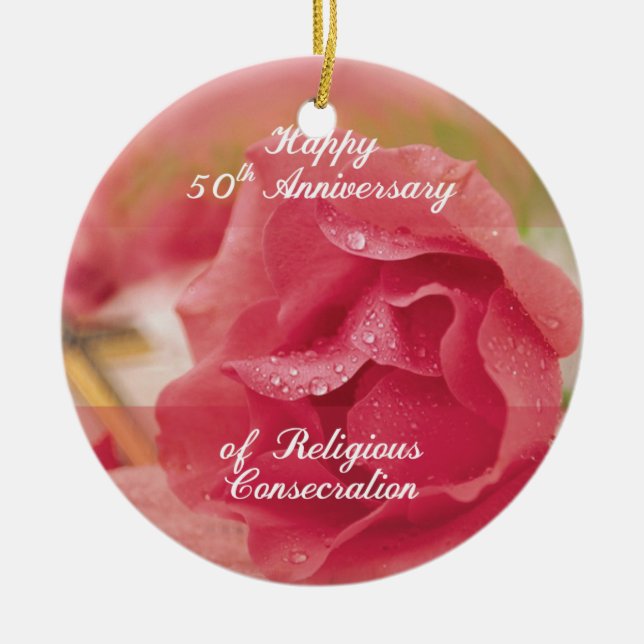 Ornamento De Cerâmica 50º Aniversário da Religião Rosa Rosa (Frente)
