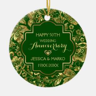 Ornamento De Cerâmica 50º aniversário de casamento verde e Dourado