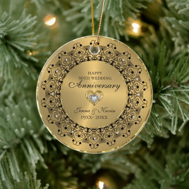 Ornamento De Cerâmica 50º aniversário do casamento BlackMandala no Doura (Árvore)