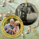 Ornamento De Cerâmica 50º aniversário do casamento Corações Douradas 2 F<br><div class="desc">Personalize com duas fotos especiais e detalhes do 50º aniversário em um fundo confetti de corações dourados. Projetado por Thisnotme©</div>