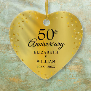 Ornamento De Cerâmica 50º Aniversário do Dourado Coração Confetti