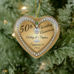 Ornamento De Cerâmica 50º Aniversário do Dourado Diamantes<br><div class="desc">Elegante faux (impresso) gold and diamouros 50th Wedding Anniversário keepape design por Holiday Hearts Design (direitos reservados). Os campos de modelo são fornecidos para personalizar com seus nomes, aniversário e data. Os estilos de fonte, tamanhos e posicionamento podem ser personalizados através do botão "Personalizar". Tal como acima referido, todos os...</div>