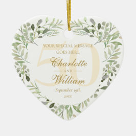 Ornamento De Cerâmica 50º Ouro Casamento Aniversário Greenery Monograma