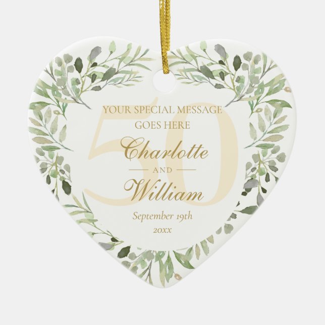 Ornamento De Cerâmica 50º Ouro Casamento Aniversário Greenery Monograma (Frente)