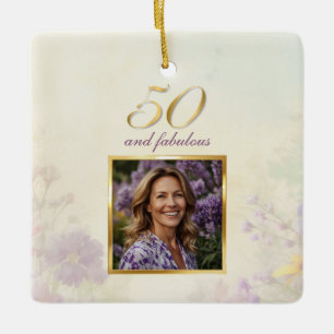 Ornamento De Cerâmica 50 & Fabuloso Aniversário Roxo Dourado Floral